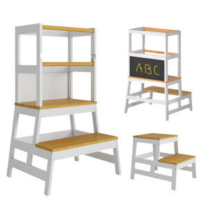 Wieża edukacyjna PLAY z drewna sosnowego, 93x56x49, biała/naturalny brąz   Wieża edukacyjna PLAY z drewna sosnowego, 93x56x49, biała/naturalny brąz